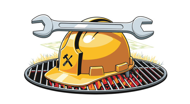 Hard hat on grill with wrench 3.
