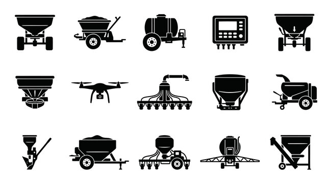 Agriculture Farm Equipment Glyph Icons Set. Smart Farming Machinery, Sprayers, Seeders Vector Solid Silhouettes.