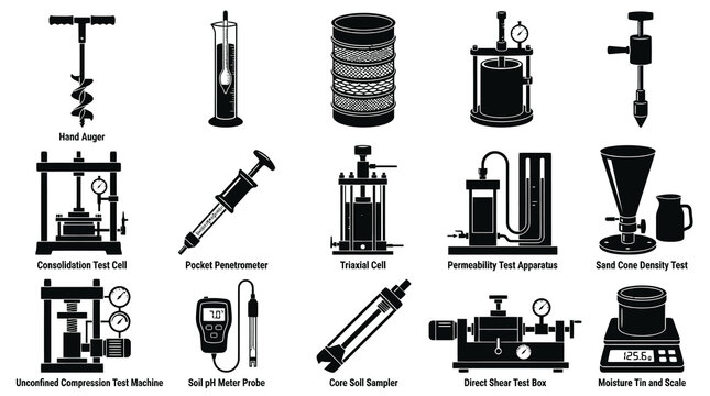 Geotechnical Engineering Soil Testing Equipment Icons Set. Civil Construction Lab Apparatus Black and White Glyphs.