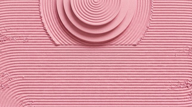 Abstract pink powder texture with concentric circles and parallel lines, close-up macro shot