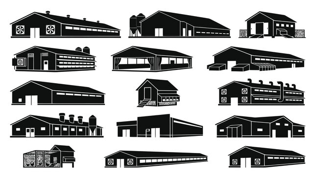 Agricultural Farm Buildings Silhouette Icons Set. Barns, Poultry Houses, Livestock Sheds, and Industrial Structures Vector.
