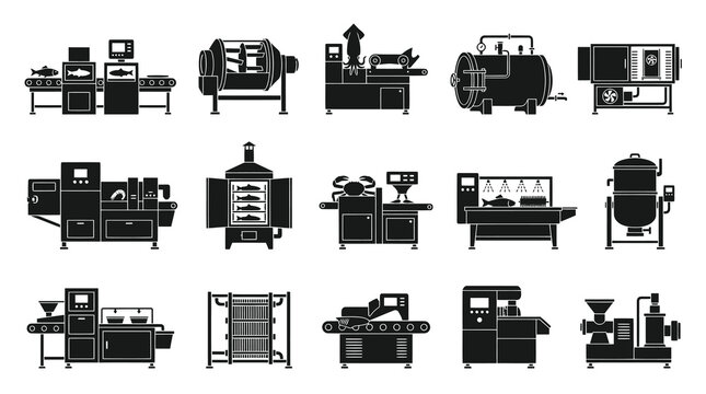 Seafood  Food Processing Machines Glyph Icons Set - Industrial Production Equipment Silhouette Collection