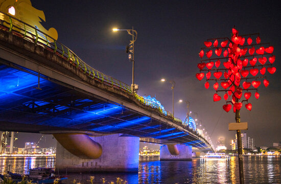 Night scene below Dragon Bridge,crossing the Han River,Da Nang city,Vietnam.