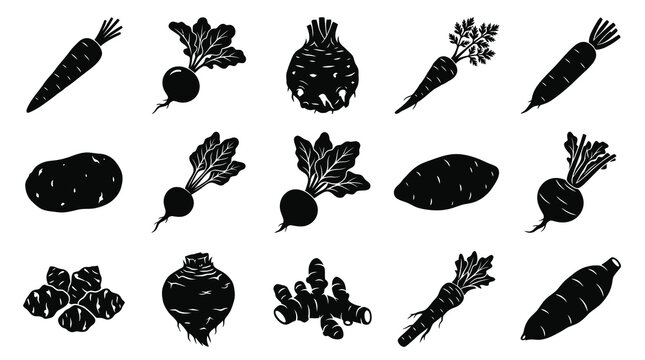 Black and White Glyph Icons of Root Vegetables and Potatoes for Food Industry