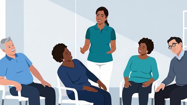 A group of seniors performs seated arm stretches led by a female instructor. The setting is bright and supportive, focusing on physical therapy and wellness. Ideal for healthcare marketing.