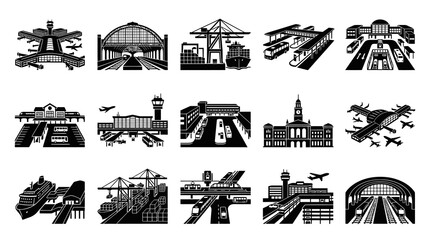 Obraz premium Black White Transportation Infrastructure Flat Icons. Airport, Train, Bus Station Seaport Glyphs Set