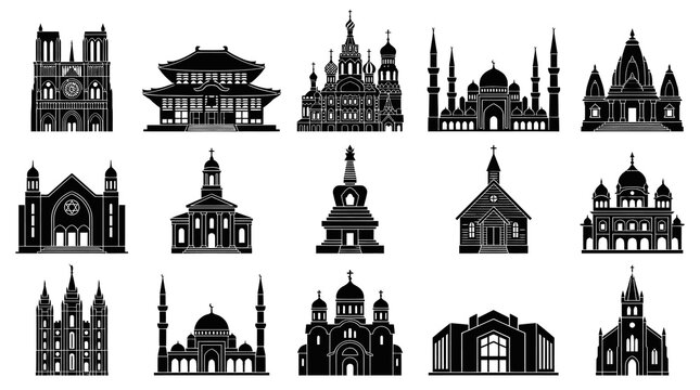 Diverse Religious Buildings Silhouette Icons Set. Global Places of Worship Glyphs for Spirituality  Architecture