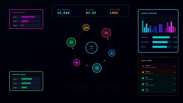 This futuristic digital user interface demonstrates Dark Store Automation with colorful interactive data charts performance statistics and system nodes on a dark background