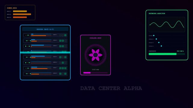 Data center automation monitor displays showing server rack status with fluctuating network waves and digital cooling fan interfaces in a modern computer room information system visual