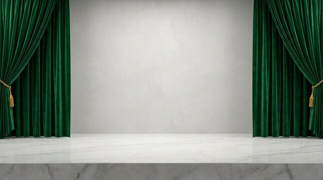 Elegant stage with green velvet curtains opening to reveal a blank textured wall and marble floor