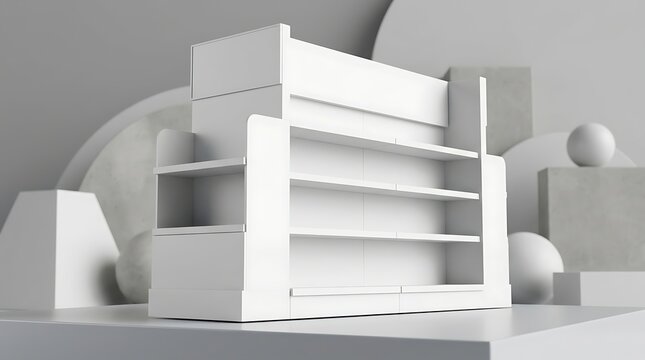 Blank cardboard retail shelf display mockup featuring empty supermarket shelving for brand merchandise promotion layout