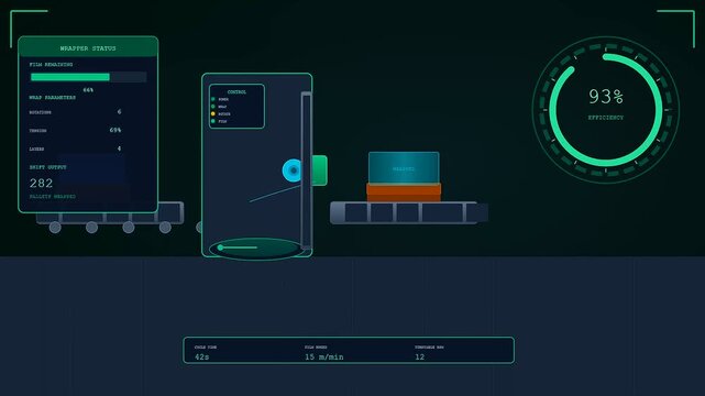 An advanced digital interface for dark store automation monitors the real time efficiency and wrapper status of an automated product packaging line.
