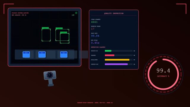 An advanced Dark Store Automation system uses computer vision algorithms to dynamically scan items and monitor conveyor belt throughput on a glowing digital interface.