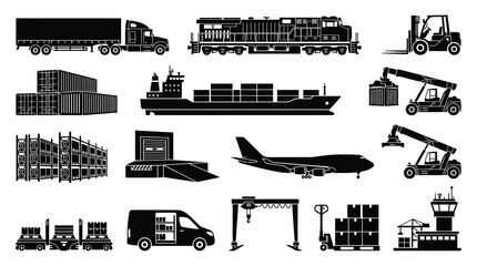 Obraz premium Transportation Logistics Silhouette Icons Set: Cargo, Shipping, Delivery Vehicles Equipment Glyphs.