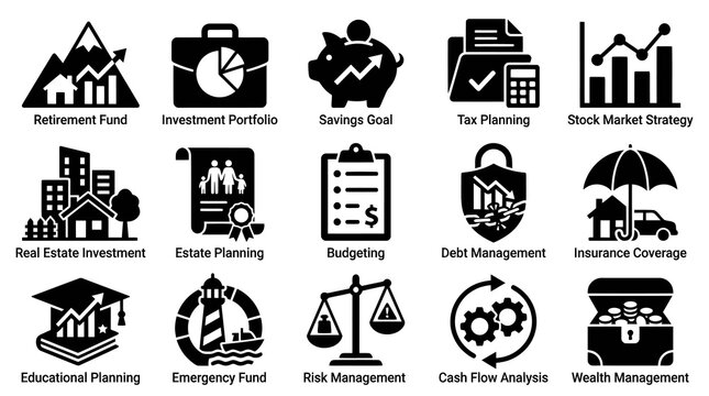 Financial Planning Glyph Icons Set - Investment, Budgeting, Tax, Debt Management, Wealth, and Savings Strategies