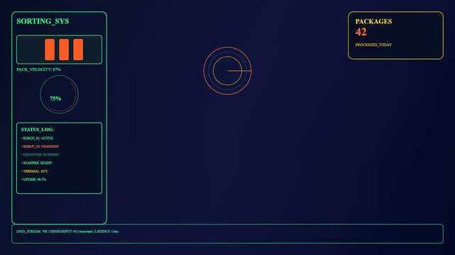 A digital dark store automation dashboard interface presents real time logistics tracking metrics with moving graphical elements and numeric status bars on a dark navy blue backdrop