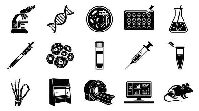 Medical and Scientific Research Laboratory Icons Set in Black Glyph Style