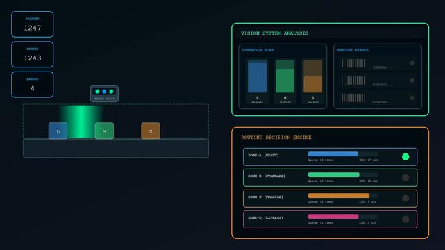 Monitoring dark store automation showing real time parcel movement and sorting logistics processes across multiple dashboard screens featuring neon green blue orange and purple interface elements