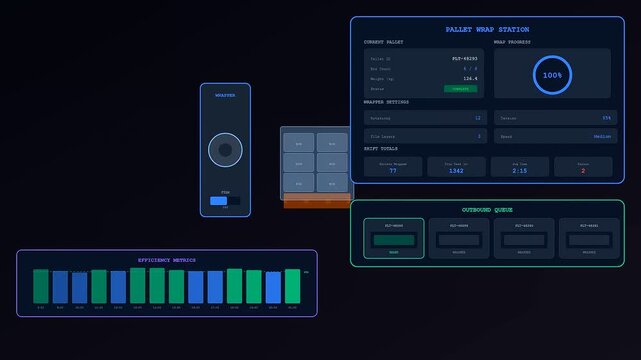Dark store automation screen displays pallet wrapping process as a robotic arm circles a stack of cardboard boxes in a high tech warehouse logistics environment