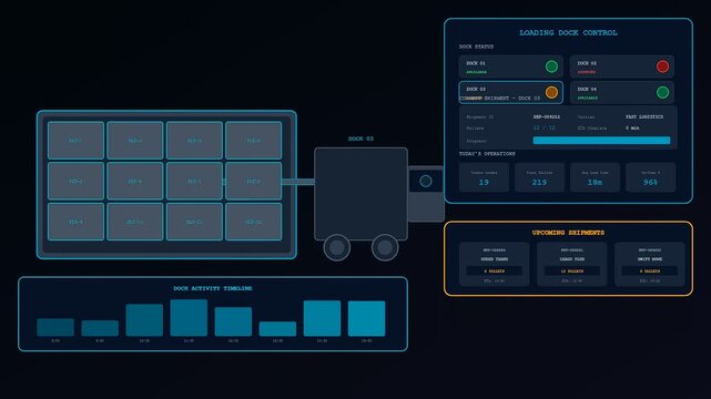 Industrial dark store automation visual interface displays loading dock logistics management with digital progress bars and container tracking statistics in a sleek modern computer dashboard grid