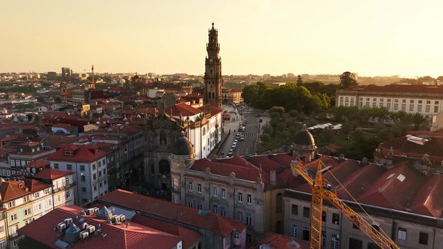 Aerial view of historic center with Torre dos Clerigos at sunset...