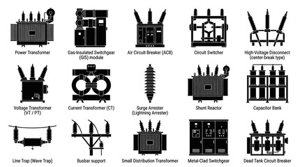 Fototapeta premium Electrical Equipment Icons Set: Transformers, Switchgear, Arresters, Reactors in Black and White