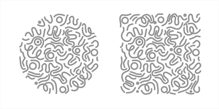Abstract Memphis style pattern set with organic squiggle lines in circle and square layouts isolated on white background. Modern vector design for branding, packaging, and decoration.