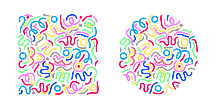 Colorful abstract doodle pattern and heart shape made of playful curved lines, vibrant modern vector background, creative artistic design for branding and decoration.