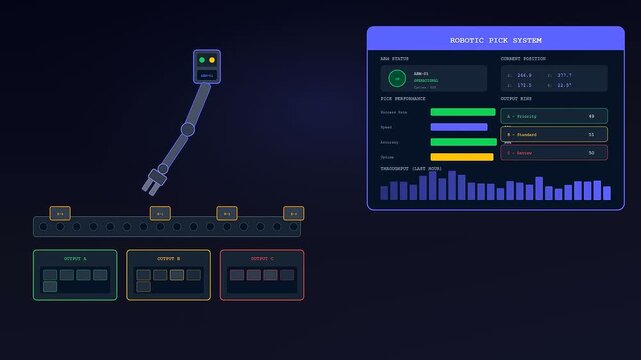 A robotic arm demonstrating dark store automation as it cycles through multiple sorting tasks within a digital interface displaying real time logistics flow and operational metrics