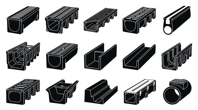 Black and White Line Art Collection of Drainage Channels and Grates for Construction