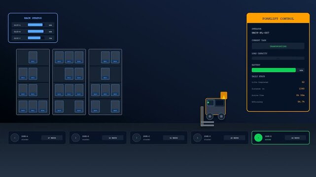 Dark store automation screen displaying forklift operations and inventory logistics in a warehouse environment showing real time monitoring of load capacity and vehicle status for logistics