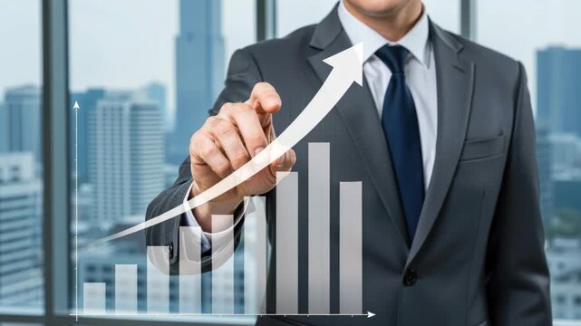 Financial Growth: A businessman in a suit points to an upward trending graph representing financial growth and success, set against a backdrop of a city skyline.