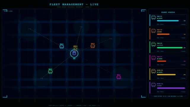 Digital displays showing dark store automation with interconnected nodes tracking delivery van movement across a glowing grid map in this simulated logistics operations management interface software