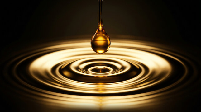 Macro shot of a golden oil drop falling into a pool of amber liquid, creating concentric ripples on a dark background