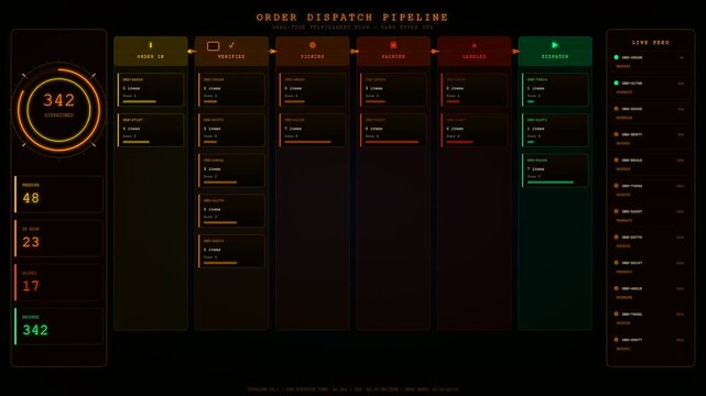 Dark store automation monitoring system showing digital order processing pipelines with glowing circular progress charts and red orange illuminated interface elements on dark screen panels