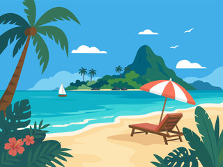 Fototapeta premium Vector flat illustration of a vacation on a paradise island on a beach on a sun lounger, summer seascape