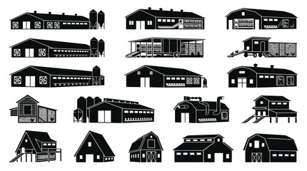 Obraz premium Collection of Agriculture Farm Buildings, Barns, and Animal Shelters Vector Icons in Black and White Silhouette Style