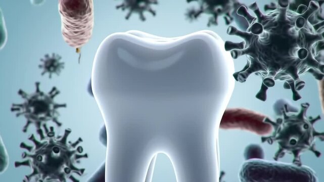 White tooth surrounded by dangerous bacteria and viruses. Microscopic view of dental health issue. Oral disease concept and hygiene protection medical science render.