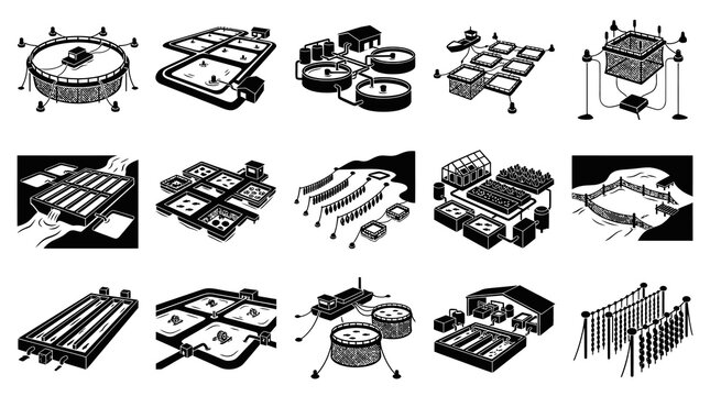 Aquaculture and Fish Farming Systems Icons Set. Black and White Line Art Illustrations of Aquatic Cultivation Methods.