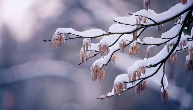 Snow Covered Alder Tree Alnus Glutinosa Branch Against Defocused Background Selective Focus And Shallow Depth Of Field