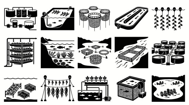 Aquaculture Fish Farming Systems Icons. Sustainable Seafood Production Methods and Technologies Black  White Glyph Set