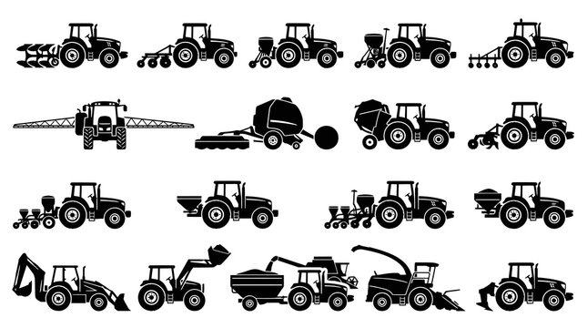 Agriculture Farm Tractors and Machinery Silhouette Glyphs Icons Set - Black  White Vector Illustration