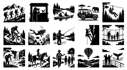 Obraz premium Outdoor adventure icons: hiking, biking, diving, fishing, climbing, zipline, safari, hot air balloon, wildlife watching