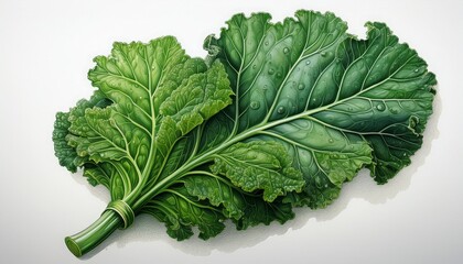 Fototapeta premium Single Vibrant Green Kale Leaf With Intricate Veins And Curly Edges Isolated On White Background Keywords Kale