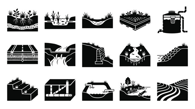 Sustainable Drainage Systems (SuDS)  Green Infrastructure Glyph Icons for Urban Planning  Engineering