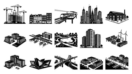 Obraz premium Set of Black and White Icons Representing Construction, Cityscapes, Transportation, and Energy