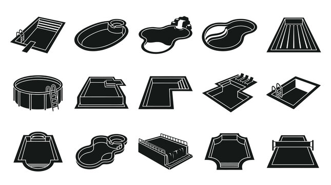 Recreation Swimming Pools Black  White Glyph Icons Set Vector - Modern Pool Shapes and Designs