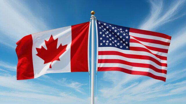 Canada and USA Flags Flying High: The flags of Canada and the United States flutter proudly side-by-side against a backdrop of a clear blue sky with wispy clouds.