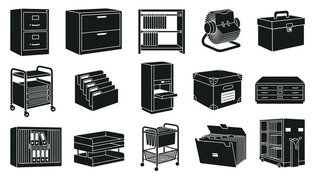 Office Document Storage and Organization Glyph Icons. Business Furniture, Filing Cabinets, and Stationery Silhouettes Set.