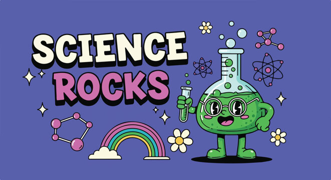 Retro Cartoon Chemistry Flask Mascot Vector Banner with "Science Rocks" Typography and STEM Elements